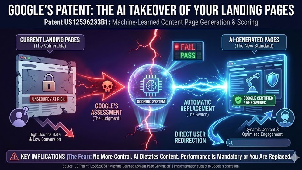 Google Patent US12536233B1 - AI Takeover of Landing Pages: Scoring System and Automatic Replacement