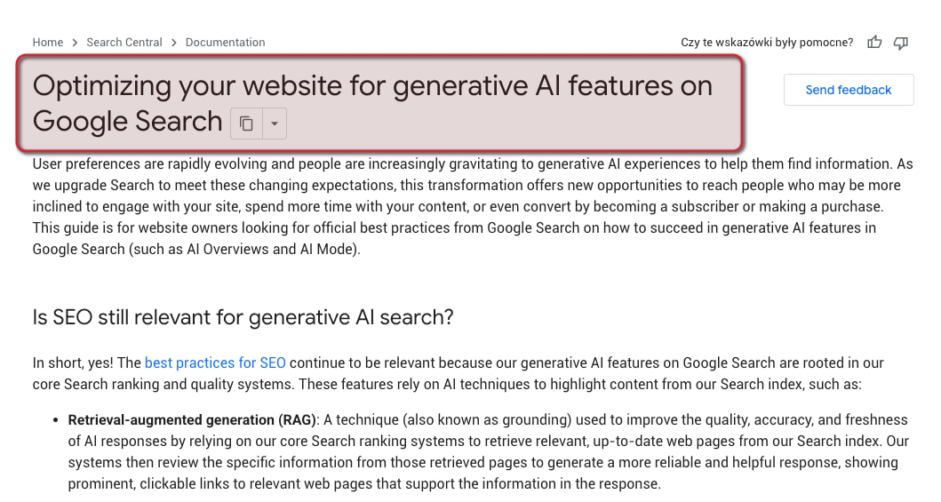English Google Search Central guide for optimizing websites for generative AI features in Google Search