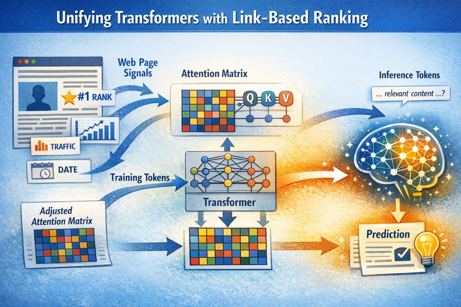 Diagram: Unifying Transformers with Link-Based Ranking - web page signals (rank, traffic, date) adjusting the attention matrix, flowing through the transformer model to produce predictions
