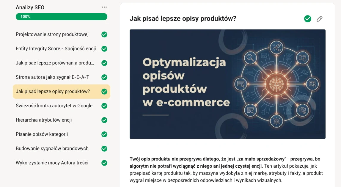 Sekcja Analizy SEO na Skool z listą lekcji i otwartą analizą optymalizacji opisów produktów